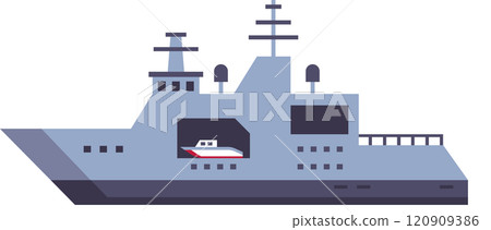 Modern warship housing a smaller boat within its hull, representing naval power, enhancing maritime security, and demonstrating advanced strategic deployment capabilities 120909386