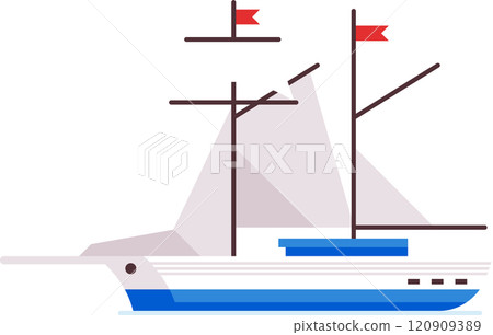 White and blue sailing ship with red flags navigating calm waters, featuring triangular sails and a streamlined hull, evokes a sense of adventure and maritime exploration 120909389