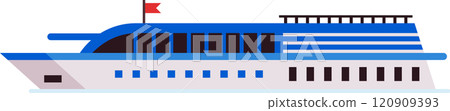 Large, modern passenger ferry boat sailing across tranquil waters, displaying a vibrant red flag atop. Featuring a sleek blue and white design, presented in a simple flat vector style 120909393