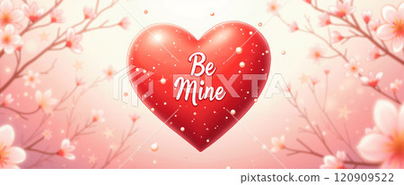 A red heart with Be Mine on a pink cherry blossom background. 120909522