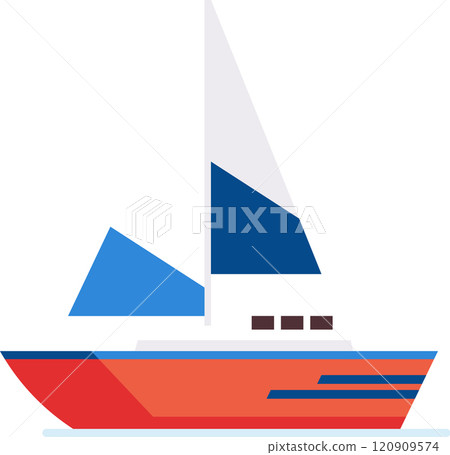 Red sailboat gliding across sparkling waters, showcasing vibrant blue and white sails, embodying the spirit of adventure, travel, and leisurely pursuits on the open sea 120909574