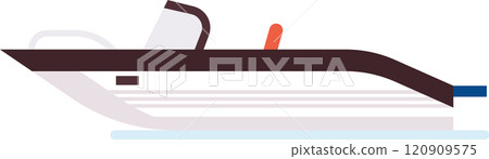 Minimalist vector illustration of a speedboat sailing on water, featuring a windshield, red buoy, and dark hull, ideal for representing concepts of leisure, travel, and marine transport 120909575