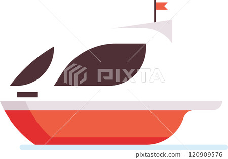 Minimalist vector illustration featuring a red motorboat gliding across light blue waters, adorned with brown sails and a vibrant red flag fluttering above 120909576