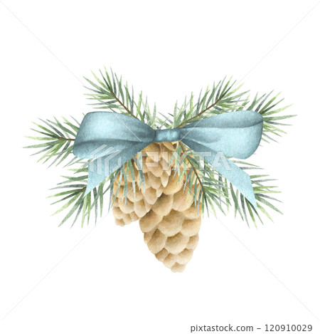 Christmas ornament with fir branches and cones tied with blue bow. Hand drawn watercolor isolated illustration spruce eco decoration for New Year greeting cards, stickers and festive packaging. Christmas ornament with fir branches and cones tied with blue bow. Hand drawn watercolor isolated illustration spruce eco decoration for New Year greeting cards, stickers and festive packaging. 120910029