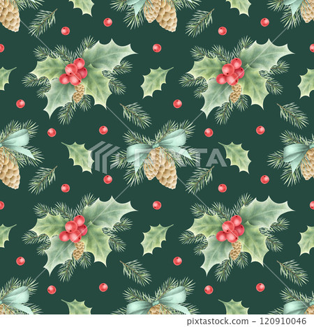 Christmas seamless pattern with cones, bows, holly, berries, leaves and spruce branches. Hand drawn winter watercolor illustration on dark green for New Year festive packaging paper and textile. 120910046