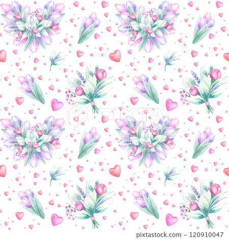 Heart shaped flower bouquet, tulips and flying hearts watercolor isolated seamless pattern. Hand draw romantic illustration for Valentines, Mother and Women Day design, fabric, textile and packaging. 120910047