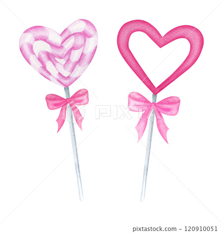 Heart shaped candy on stick decorated with bow in pastel red and pink colors. Hand draw watercolor isolated illustration for romantic Valentines Day greeting card, invitation and weddings designs. 120910051