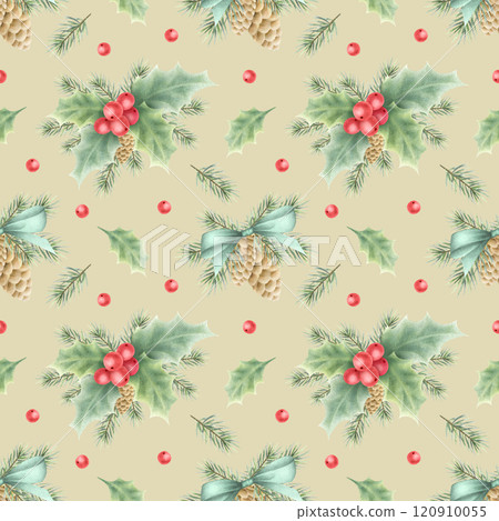 Christmas seamless pattern with cones, bows, holly, berries, leaves and spruce branches. Hand drawn winter watercolor illustration on beige background for New Year festive packaging paper and textile. Christmas seamless pattern with cones, bows, holly, berries, leaves and spruce branches. Hand drawn winter watercolor illustration on beige background for New Year festive packaging paper and textile. 120910055