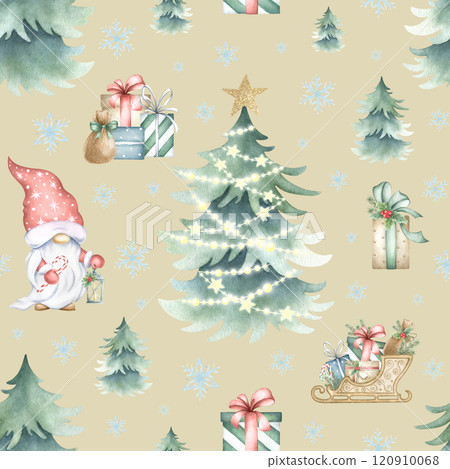 Christmas seamless pattern with gnome, spruce with shining garland lights, gift boxes and sledge. Watercolor illustration on beige for New Year festive packaging paper, textile and fabric. Christmas seamless pattern with gnome, spruce with shining garland lights, gift boxes and sledge. Watercolor illustration on beige for New Year festive packaging paper, textile and fabric. 120910068
