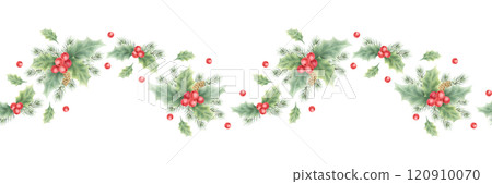Christmas seamless border with holly, berries, leaves, spruce branch and cones. Hand drawn watercolor isolated greenery illustration for New Year greeting card template, festive package tape, fabric. Christmas seamless border with holly, berries, leaves, spruce branch and cones. Hand drawn watercolor isolated greenery illustration for New Year greeting card template, festive package tape, fabric. 120910070