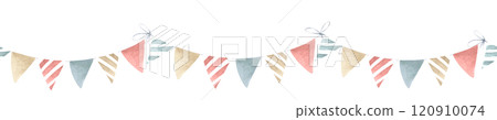 Festive garland with triangle flags for decoration in red, blue, beige colors. Hand drawn watercolor isolated seamless border for greeting cards, festive packaging, textile, banners and designs. Festive garland with triangle flags for decoration in red, blue, beige colors. Hand drawn watercolor isolated seamless border for greeting cards, festive packaging, textile, banners and designs. 120910074
