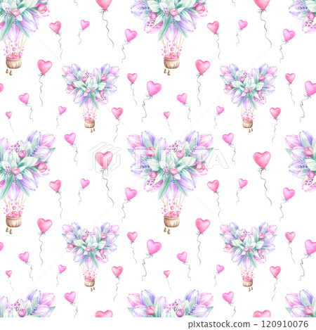 Heart shaped flower balloons watercolor isolated seamless pattern from background. Hand draw endless illustration for romantic Valentines, Mother and Women Day design, fabric, textile and packaging. 120910076