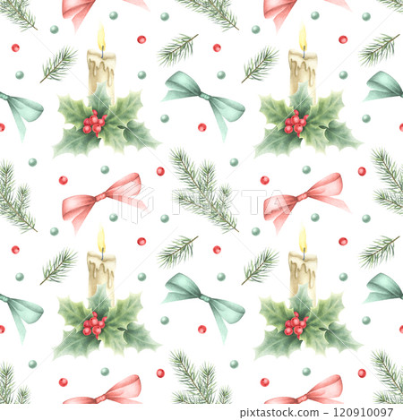 Christmas watercolor seamless pattern with candle, bows, holly, berries, leaves and spruce branches. Hand drawn winter illustration isolated on white for New Year festive packaging paper and designs. 120910097