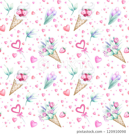 Seamless pattern with ice cream, bouquet of flowers in waffle cone, candy and flying hearts. Hand draw watercolor isolated endless illustration for romantic Valentines, Mother and Women Day design. 120910098