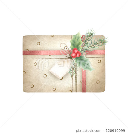 Christmas gift box beige in polka dot colors, with twine, label and red ribbon, decorated with sprigs of holly and fir trees. Hand drawn watercolor isolated illustration for New Year greeting cards. 120910099