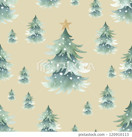 Christmas trees snow-covered with festive golden star decoration on top, forest winter landscape. Hand drawn watercolor seamless pattern on beige for New Year festive packaging paper and textile. 120910113