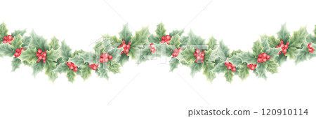 Christmas holly red berries and green leaves watercolor isolated illustration. Hand drawn seamless border for winter holiday season, New Year greeting cards template, festive floral banners, textile. Christmas holly red berries and green leaves watercolor isolated illustration. Hand drawn seamless border for winter holiday season, New Year greeting cards template, festive floral banners, textile. 120910114