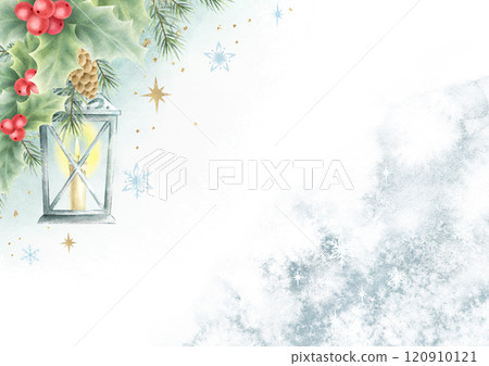 Christmas card horizontal template with lantern, candle, holly, berries, fir tree branches and cones, frost pattern texture. Hand drawn watercolor isolated banner for New year greeting cards, A4, A5. 120910121
