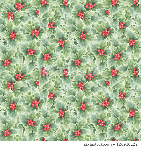 Christmas holly red berries and green leaves watercolor seamless pattern. Hand drawn greenery illustration for winter holiday season, New Year festive packaging paper, textile, fabric, scrapbooking. 120910122