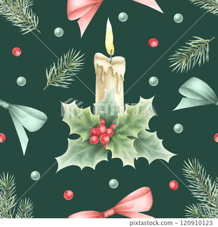 Christmas watercolor seamless pattern with candle, bows, holly, berries, leaves and spruce branches. Hand drawn winter illustration on dark green for New Year festive packaging paper and textile. 120910123