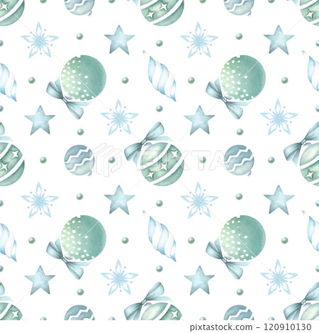 Christmas glass tree balls with bow watercolor isolated seamless pattern in green and blue colors. Hand drawn round and star shape decorations for New Year festive packaging, textile and designs. 120910130