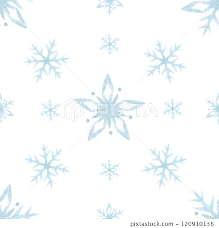 Christmas snowflakes in light blue color. Hand drawn minimalistic watercolor winter seamless pattern isolated from background. For New Year festive packaging paper, textile, fabric and endless design. 120910138