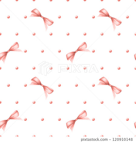Coquette bows and beads in pastel red and coral colors. Hand drawn watercolor seamless pattern isolated on white background for festive packaging paper, textile, wrapping, fabric, scrapbooking paper. Coquette bows and beads in pastel red and coral colors. Hand drawn watercolor seamless pattern isolated on white background for festive packaging paper, textile, wrapping, fabric, scrapbooking paper. 120910148