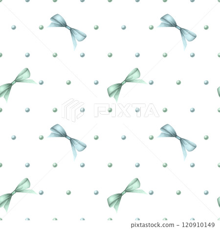Coquette bows and beads in pastel blue and green colors. Hand drawn watercolor seamless pattern isolated on white background for festive packaging paper, textile, wrapping, fabric, scrapbooking paper. Coquette bows and beads in pastel blue and green colors. Hand drawn watercolor seamless pattern isolated on white background for festive packaging paper, textile, wrapping, fabric, scrapbooking paper. 120910149