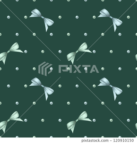 Coquette bows and beads in pastel blue and green colors. Hand drawn watercolor seamless pattern on dark green background for festive packaging paper, textile, wrapping, fabric, scrapbooking paper. Coquette bows and beads in pastel blue and green colors. Hand drawn watercolor seamless pattern on dark green background for festive packaging paper, textile, wrapping, fabric, scrapbooking paper. 120910150