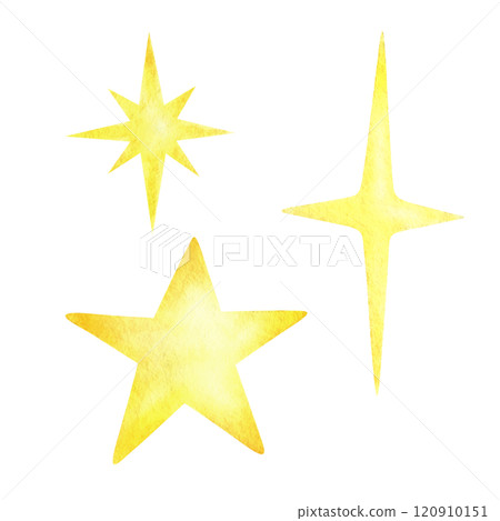 Stars five-pointed, four-pointed and eight-pointed, golden and yellow set of three twinkling and sparkling elements. Hand drawn watercolor isolated illustration for greeting card and festive designs. Stars five-pointed, four-pointed and eight-pointed, golden and yellow set of three twinkling and sparkling elements. Hand drawn watercolor isolated illustration for greeting card and festive designs. 120910151