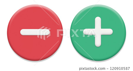 Three-dimensional red minus and green plus round icon 120910587