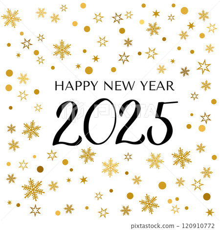 Happy New Year greeting card. Hand written numbers 2025. Gold Holidays pattern with gold snowflakes and dots. Typography poster. Vector template for your design projects. 120910772
