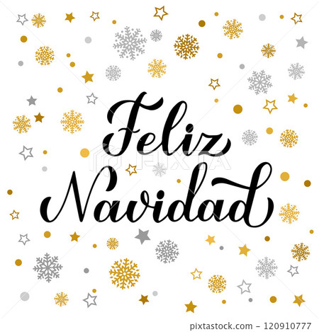 Feliz Navidad calligraphy hand lettering with gold and silver snowflakes, stars and dots. Merry Christmas typography poster in Spanish. Vector template for greeting card, banner, flyer, etc. 120910777