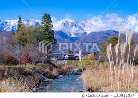 [Autumn Material] Three-tiered autumn foliage scenery seen from Oide Park in Hakuba Village in autumn [Nagano Prefecture] 120911084