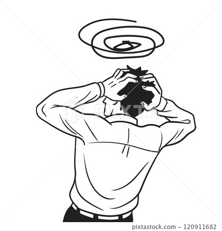 Hand drawn vector depressed businessman holding head 120911682