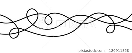 Thin squiggle lines. Wavy wiggle stripe pattern decoration. Curvy thread or yarn lines for ornament, decor, separate, divider. Tangled squiggly linear doodle shapes. Vector 120911868