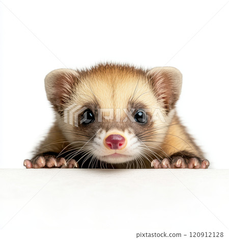 tiny ferret peeking out playfully on white background 120912128