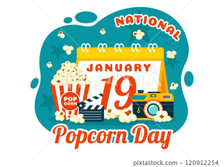 National Popcorn Day Vector Illustration on January 19th Featuring a Big Box of Popcorn for Enjoying Movies in a Flat Style Cartoon Background 120912254