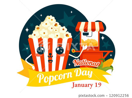 National Popcorn Day Vector Illustration on January 19th Featuring a Big Box of Popcorn for Enjoying Movies in a Flat Style Cartoon Background 120912256