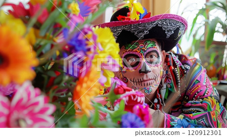 Vibrant dia de los muertos celebration with colorful masked performer 120912301