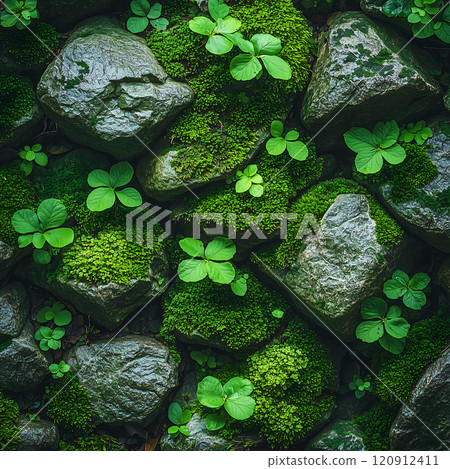 Close up shot of moss covered rocks highlighting vibrant green foliage and textures. lush greenery creates serene and natural atmosphere 120912411