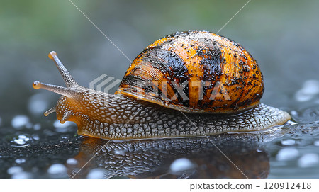 macro image of snail moving across wet surface, showcasing its vibrant orange and black shell. droplets of water add refreshing touch to scene 120912418
