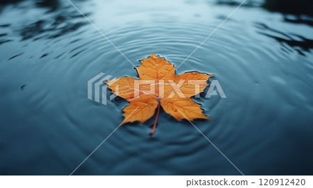 vibrant autumn maple leaf floats serenely on calm water, creating ripples that enhance tranquil scene. warm orange color contrasts beautifully with cool blue tones of water 120912420