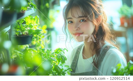 婦女給植物澆水 婦女給植物澆水 120912514