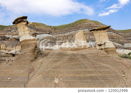 Sandstone hoodoos created by erosion in scenic badlands in summer. Sandstone hoodoos created by erosion in scenic badlands in summer. 120912996