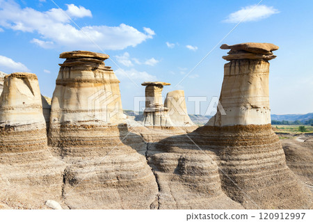 Sandstone hoodoos created by erosion in scenic badlands in summer. Sandstone hoodoos created by erosion in scenic badlands in summer. 120912997