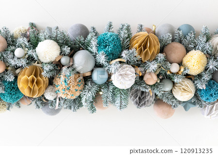 New Year and Christmas border design isolated on white background, fir tree branches  120913235
