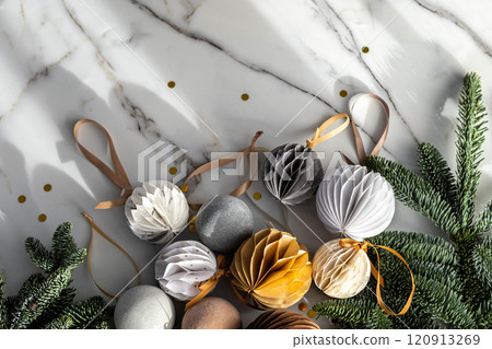 Christmas or New Year decorative background. Beautiful, green spruce branches 120913269
