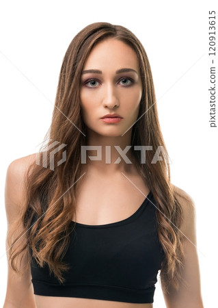Slim girl in black top and shorts isolated view Slim girl in black top and shorts isolated view 120913615
