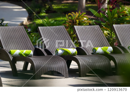 Row of brown lounge beds or sunbeds near the pool of the resort with rolled up towels on them, green tropic foliage on the background, hot sunny day. 120913670